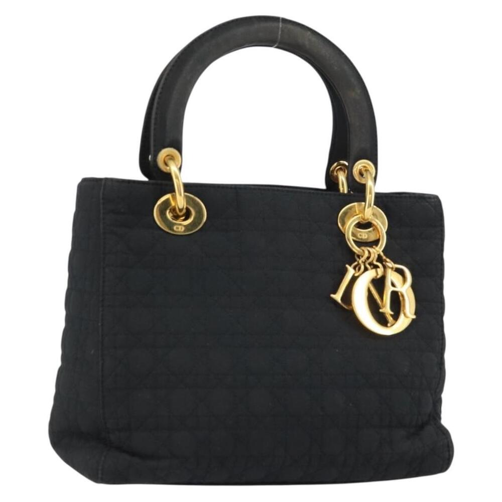 Christian Dior Lady Dior Canage Hand Bag Nylon Black Gold Auth ep12307
